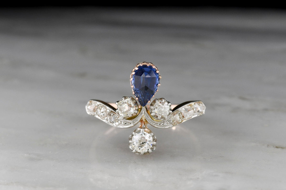 Victorian Tiara Ring with a No-Heat Pear Cut Sapphire and Mixed Deep Antique Cut Diamonds