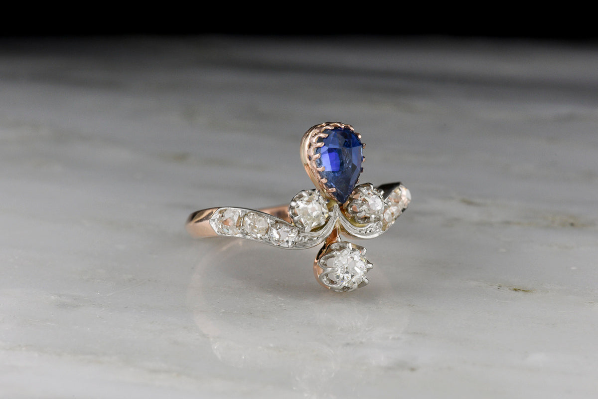 Victorian Tiara Ring with a No-Heat Pear Cut Sapphire and Mixed Deep Antique Cut Diamonds