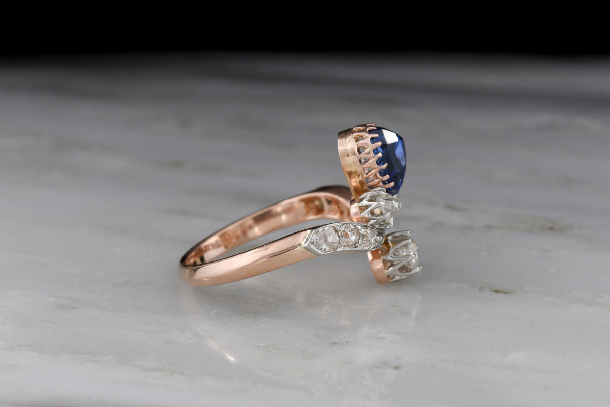 Victorian Tiara Ring with a No-Heat Pear Cut Sapphire and Mixed Deep Antique Cut Diamonds