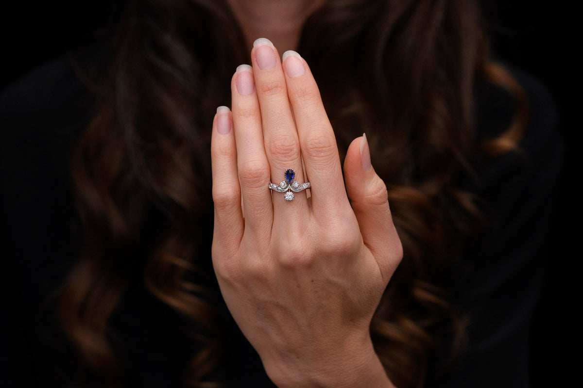 Victorian Tiara Ring with a No-Heat Pear Cut Sapphire and Mixed Deep Antique Cut Diamonds