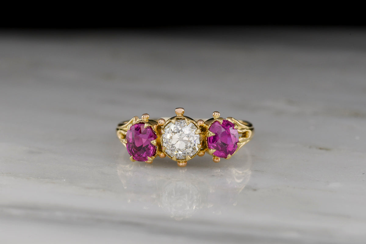 Mid-Victorian Ruby and Diamond Three-Stone Ring with Granulation