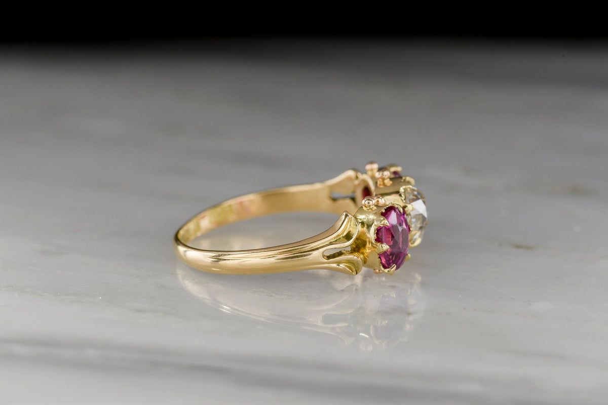 Mid-Victorian Ruby and Diamond Three-Stone Ring with Granulation