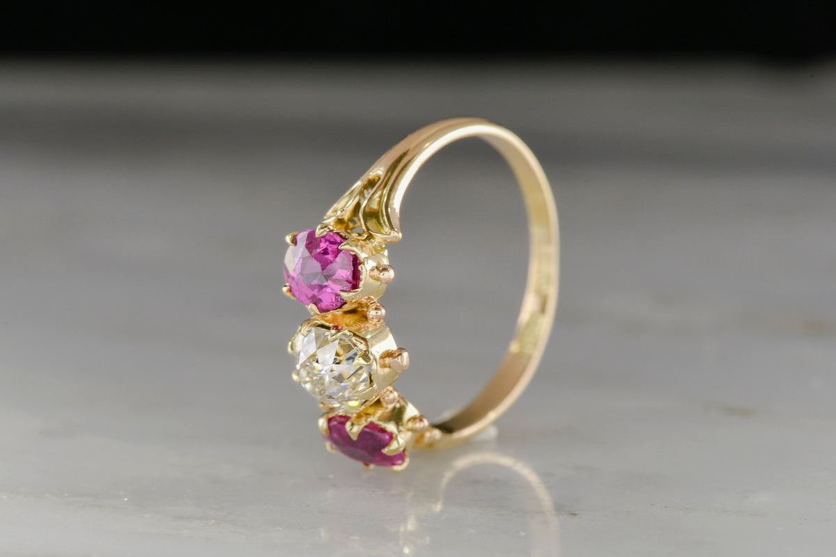 Mid-Victorian Ruby and Diamond Three-Stone Ring with Granulation