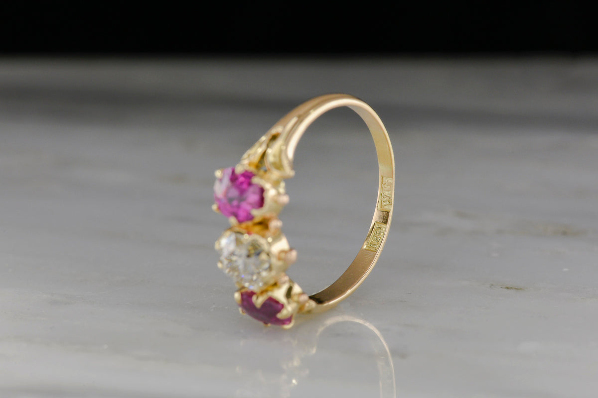 Mid-Victorian Ruby and Diamond Three-Stone Ring with Granulation