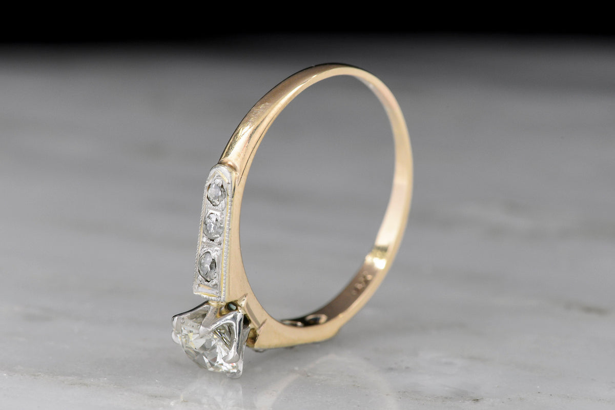 c. 1900s Gold and Platinum Engagement Ring with a Late Old European Cut Diamond Center