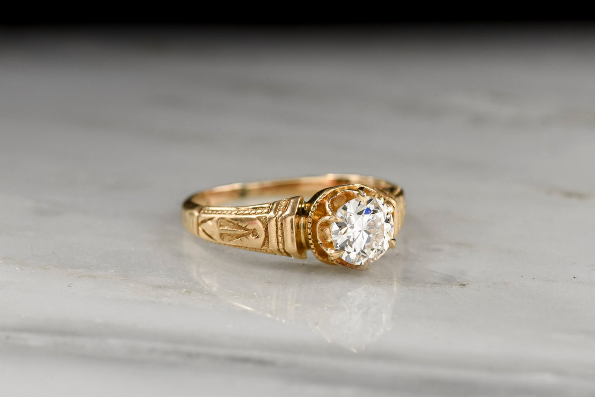 c. 1800s 18K Gold Solitaire Engagement Ring with a Unique Chasing Pattern