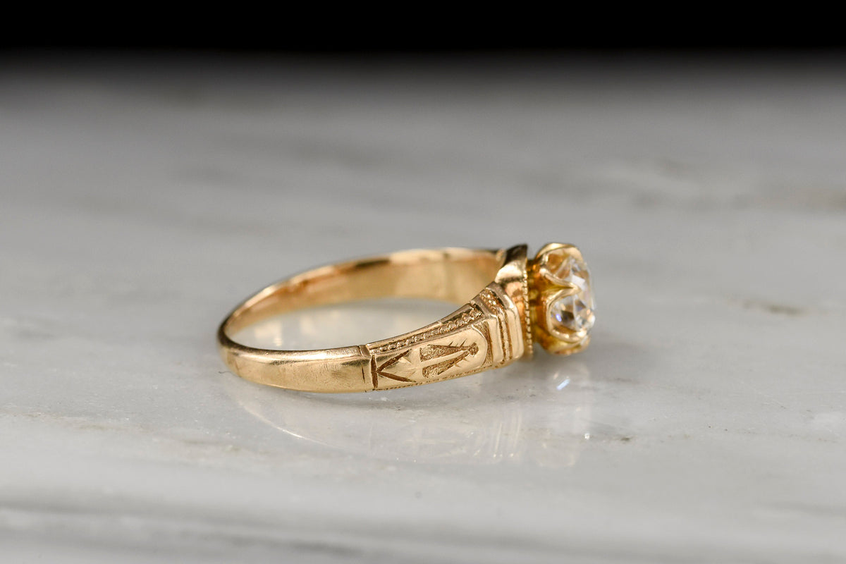 c. 1800s 18K Gold Solitaire Engagement Ring with a Unique Chasing Pattern