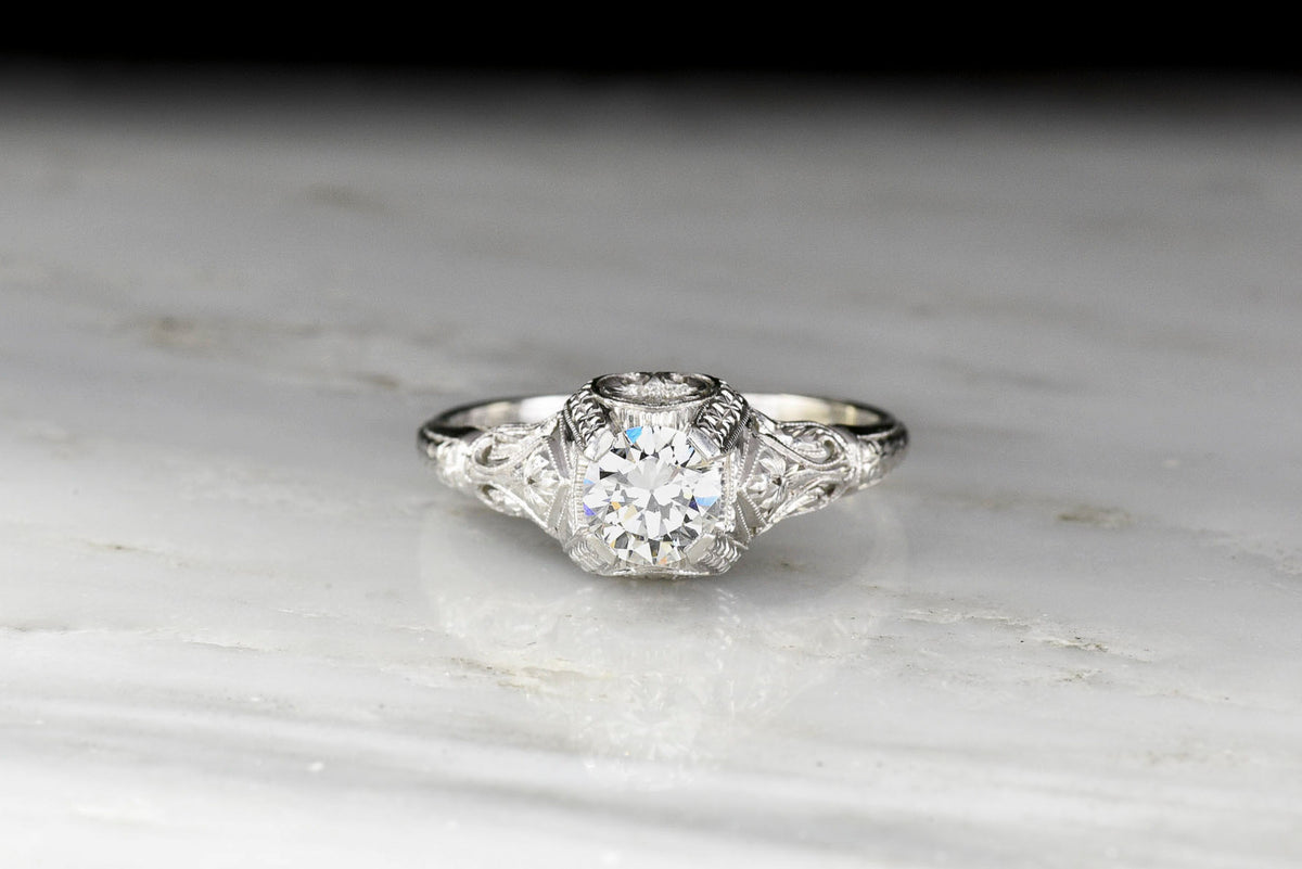 c. 1910s Late Edwardian Diamond Engagement Ring with Ornate Metalwork