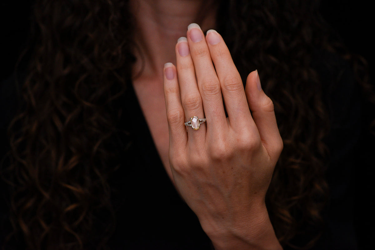 Fancy Yellow Oval Rose Cut Diamond Engagement Ring in Gold and Platinum