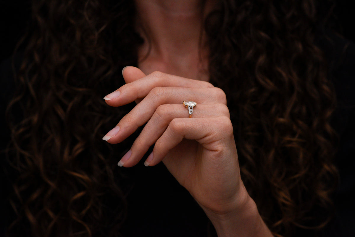 Fancy Yellow Oval Rose Cut Diamond Engagement Ring in Gold and Platinum