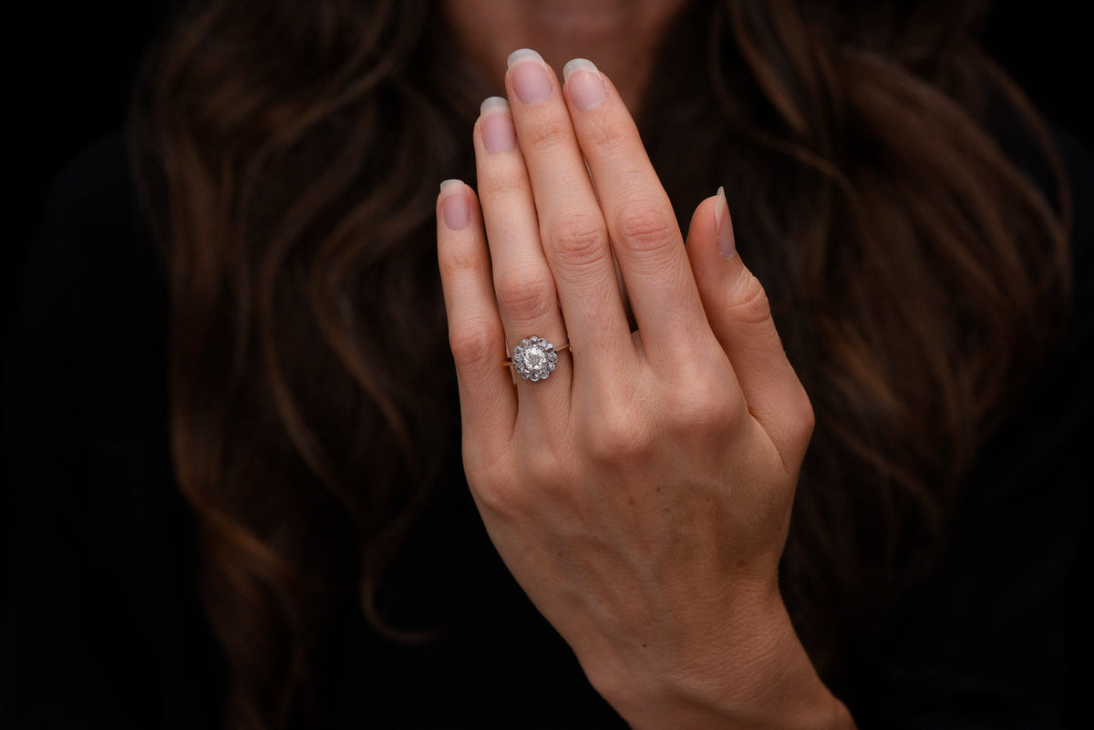 Edwardian Floral Cluster Engagement Ring with an Old Mine Cut Center and Rose Cut Accents