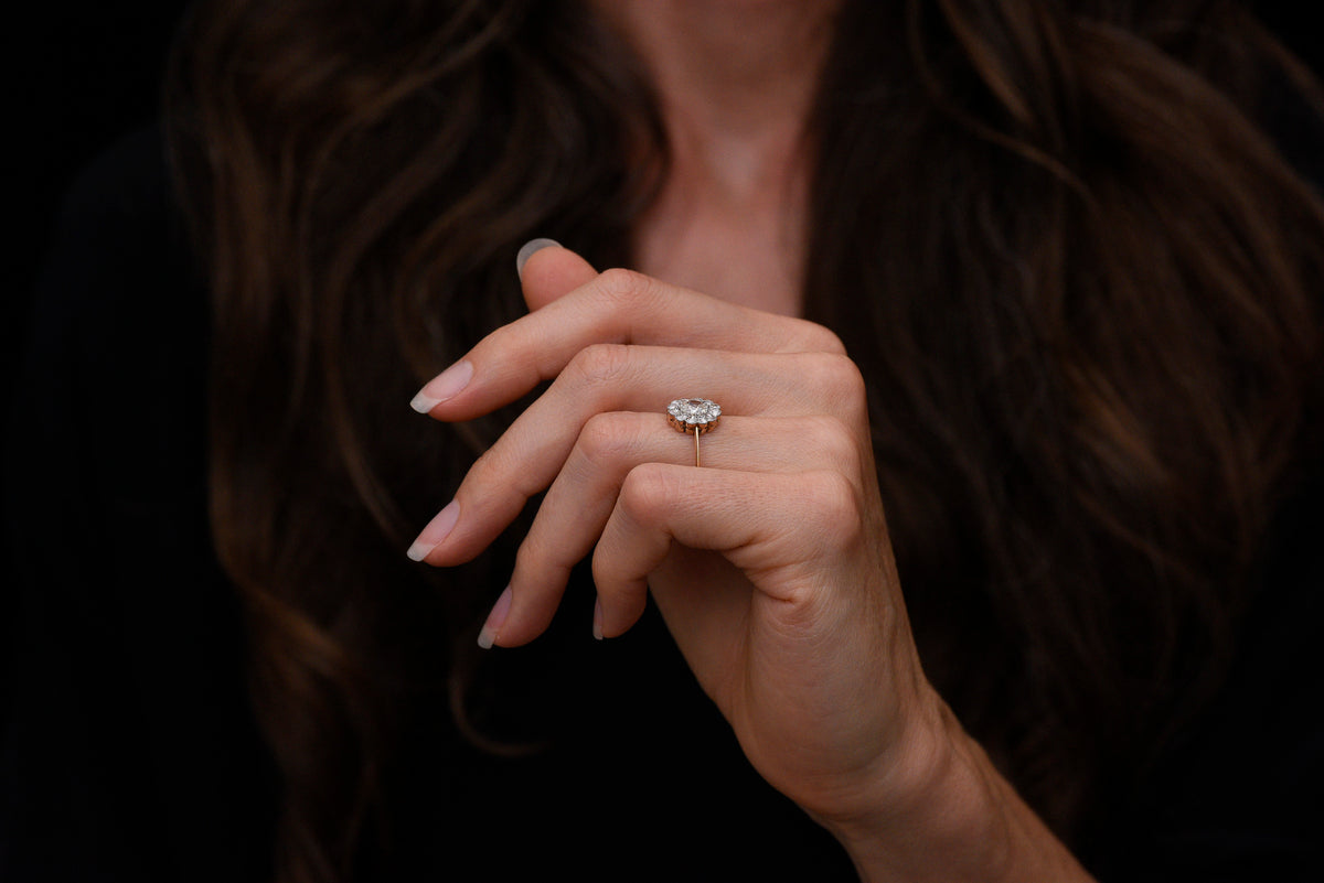 Edwardian Floral Cluster Engagement Ring with an Old Mine Cut Center and Rose Cut Accents