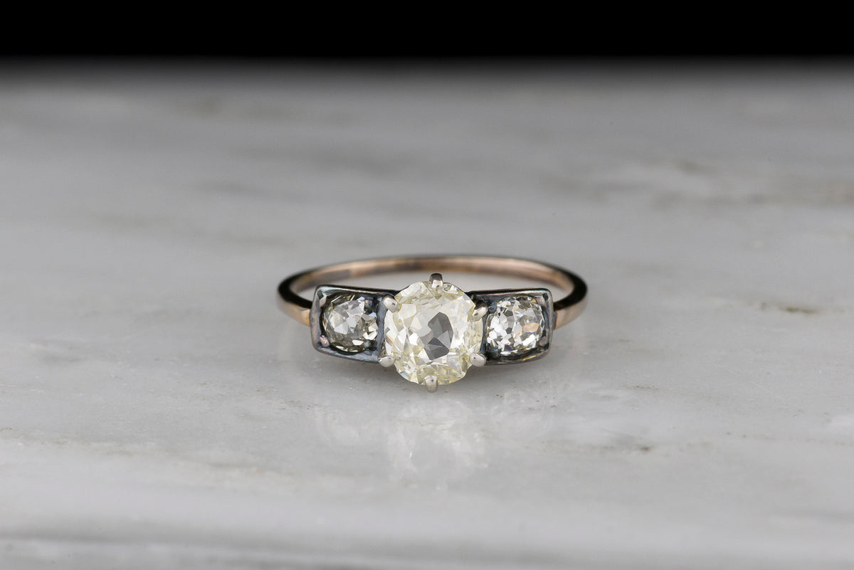 Late-Victorian Three-Stone Mixed-Metal Engagement Ring with Old Mine Cut Diamonds