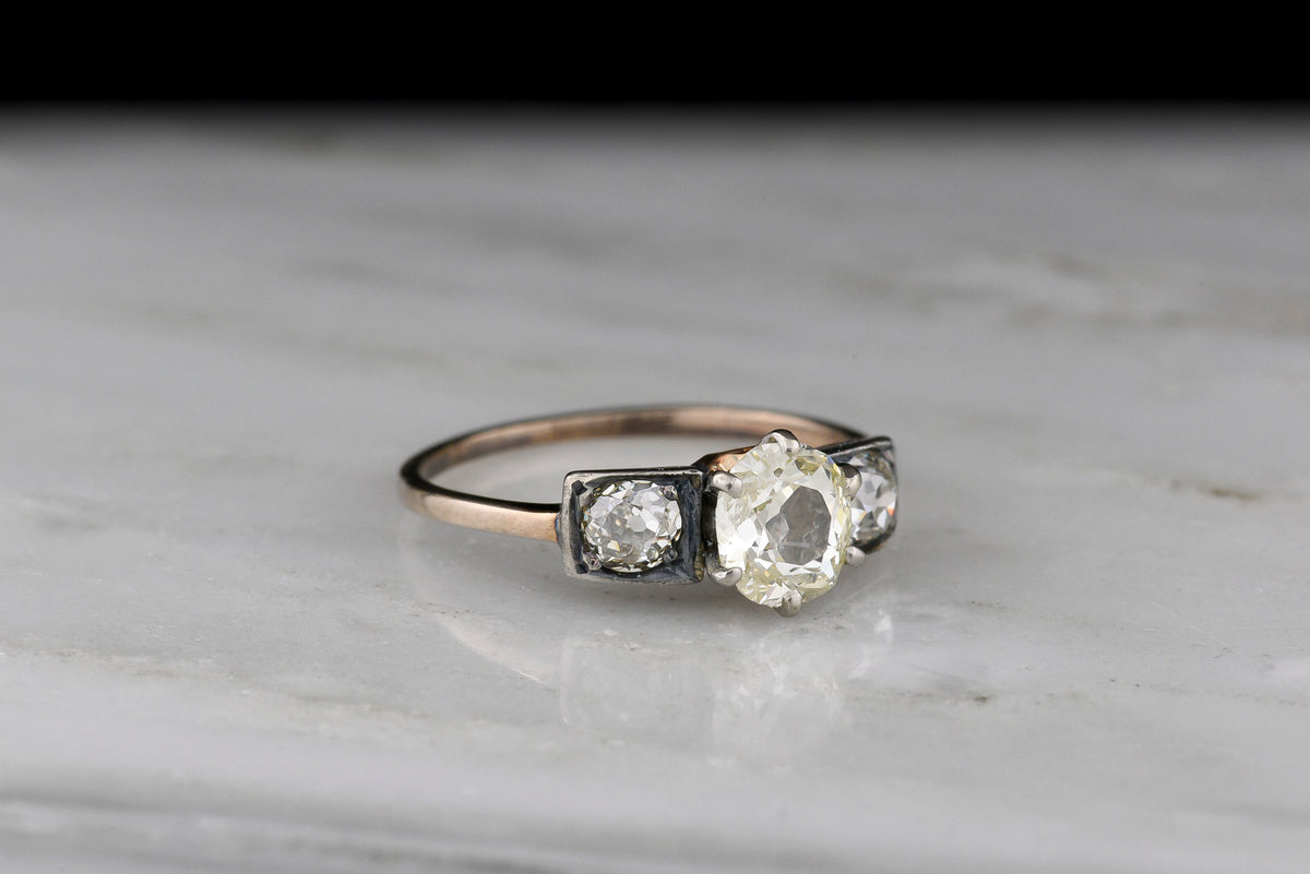 Late-Victorian Three-Stone Mixed-Metal Engagement Ring with Old Mine Cut Diamonds