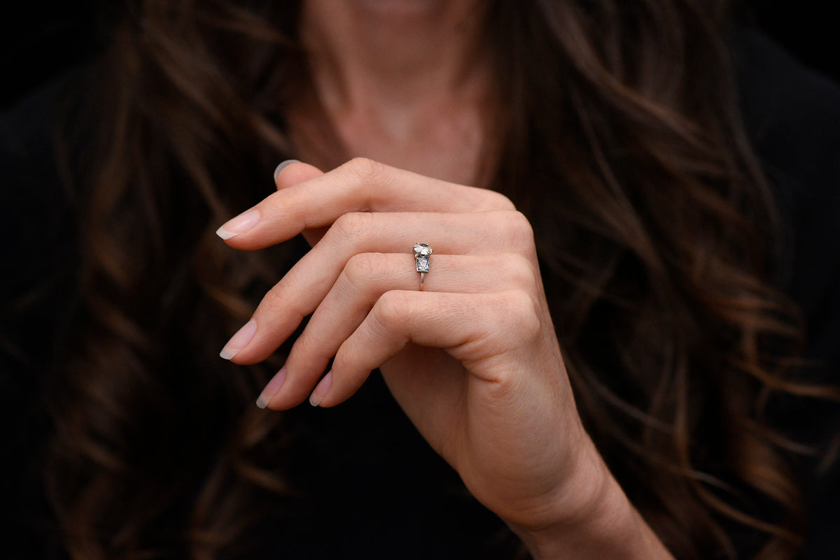 Late-Victorian Three-Stone Mixed-Metal Engagement Ring with Old Mine Cut Diamonds