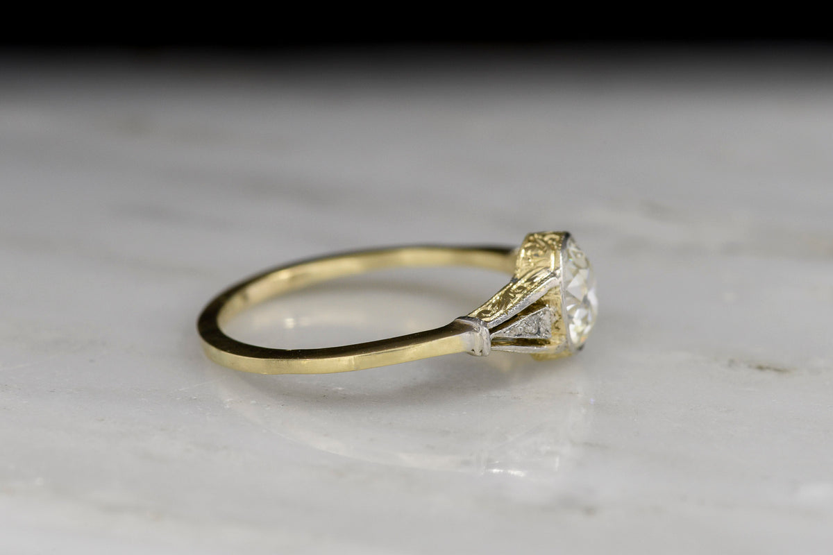Belle Époque Gold and Platinum Diamond Ring with Open Metalwork Shoulders and Engraving