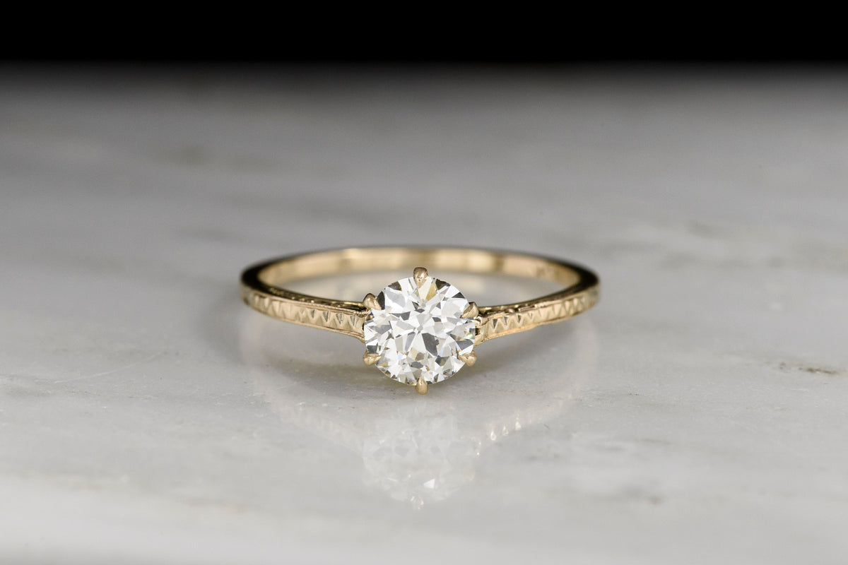c. Early 1900s Post-Victorian Six-Prong Solitaire Engagement Ring with Patterned Sides and Shoulders