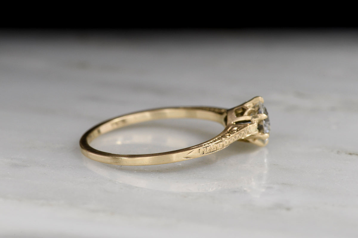 c. Early 1900s Post-Victorian Six-Prong Solitaire Engagement Ring with Patterned Sides and Shoulders