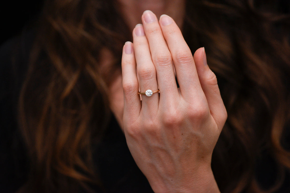 c. Early 1900s Post-Victorian Six-Prong Solitaire Engagement Ring with Patterned Sides and Shoulders