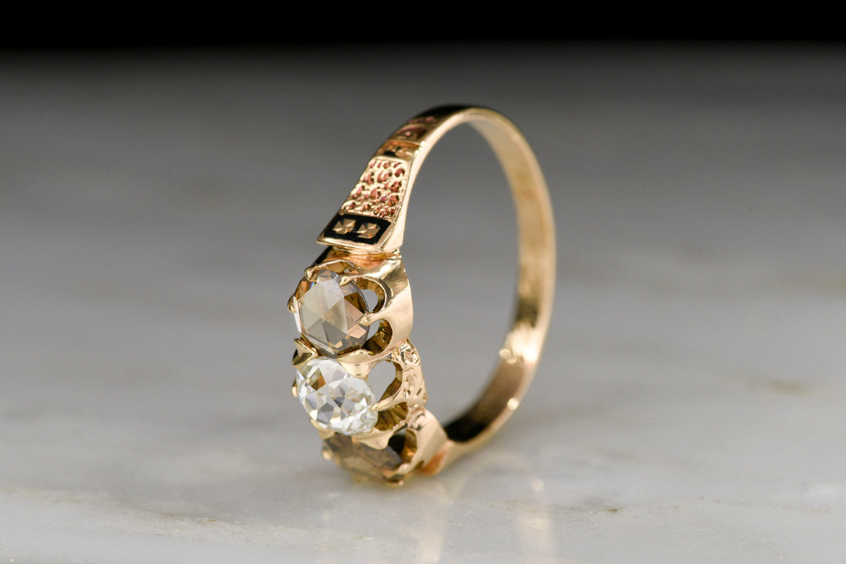 1868 Gold and Black Enamel Three-Stone Ring with Chocolate-Hued Rose Cut Diamonds