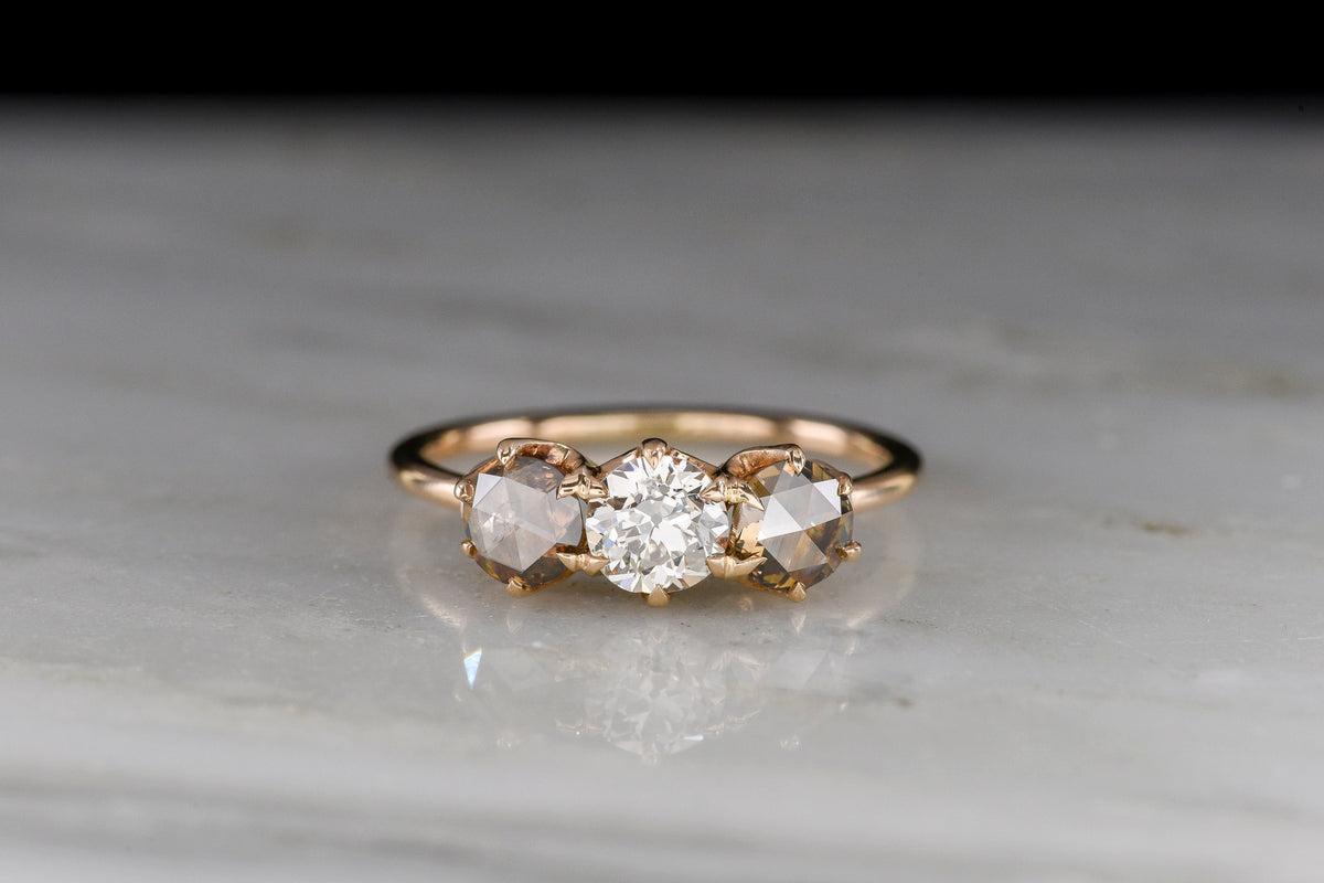 c. Early 1900s &quot;Chocolate &amp; Vanilla&quot; Three-Stone Diamond Ring with Victorian-Style Baskets