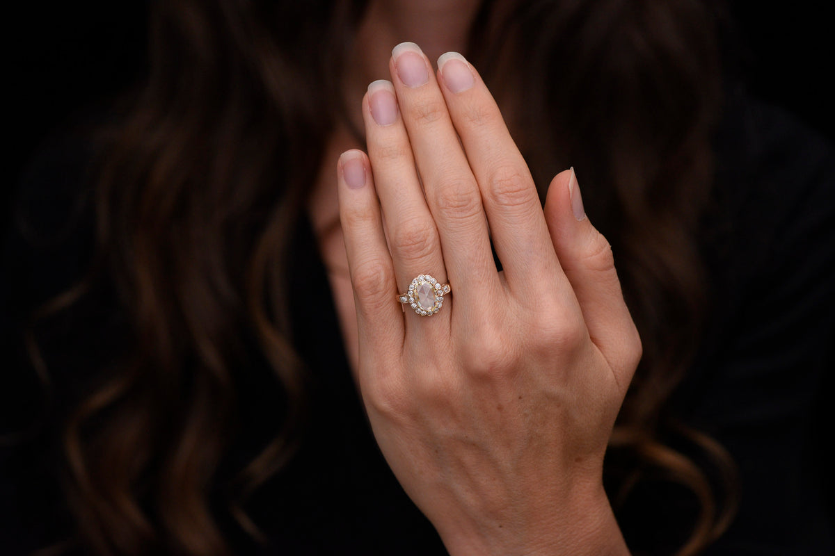 RESERVED for J.L.!!! c. 1900 Gold Cluster Ring with a 1.62 Carat Oval Rose Cut Diamond Center