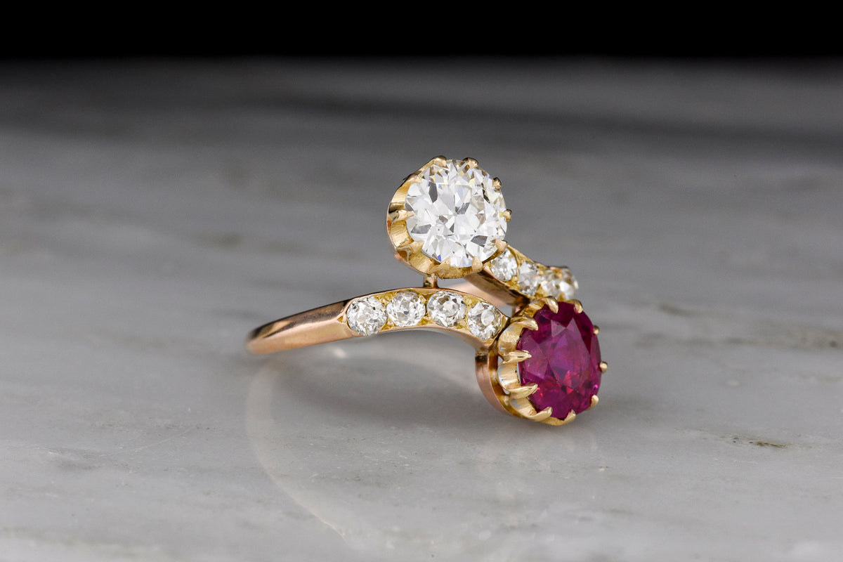 Late-Victorian Bypass/Toi et Moi Ring Featuring a GIA Burmese No Heat Ruby and Old European Cut Diamond