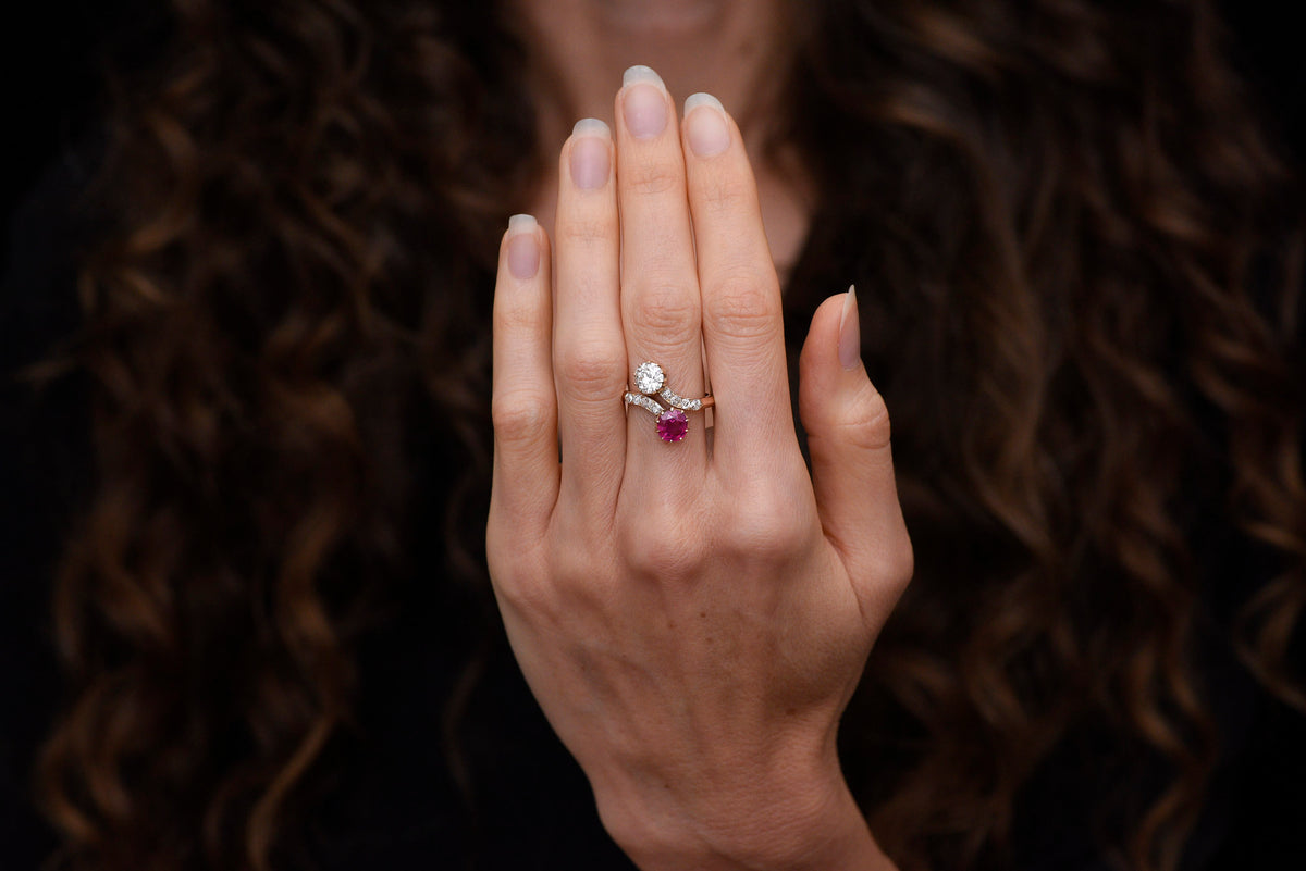 Late-Victorian Bypass/Toi et Moi Ring Featuring a GIA Burmese No Heat Ruby and Old European Cut Diamond