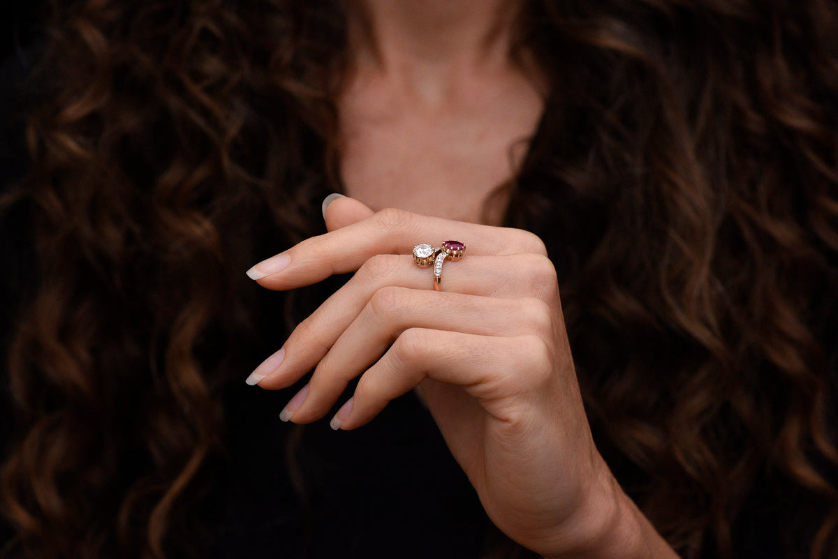 Late-Victorian Bypass/Toi et Moi Ring Featuring a GIA Burmese No Heat Ruby and Old European Cut Diamond