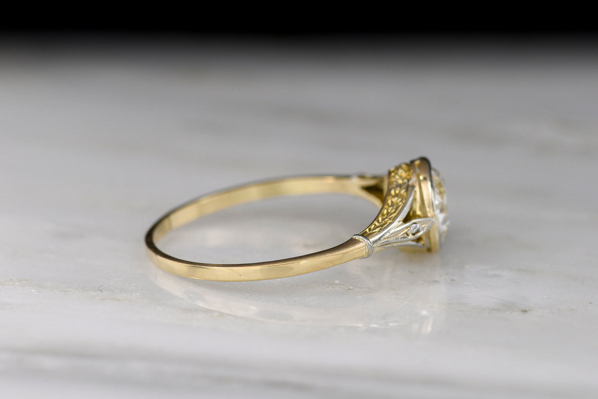 Edwardian / Belle Époque Two-Tone Engagement Ring with a Delicate Fern Engraving Pattern