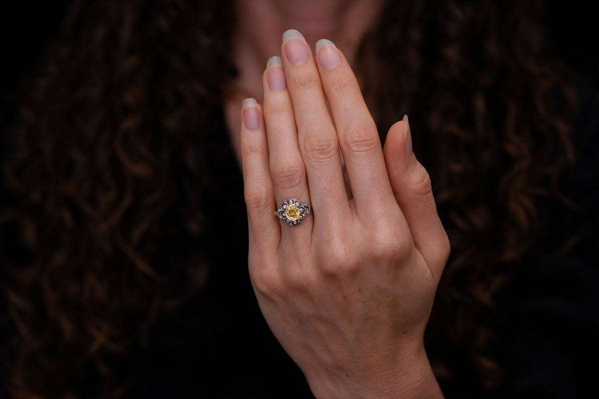 c. Mid-Late 1800s Victorian Right-Hand Ring with a Fancy Deep Yellow Old Mine Cut Diamond Center