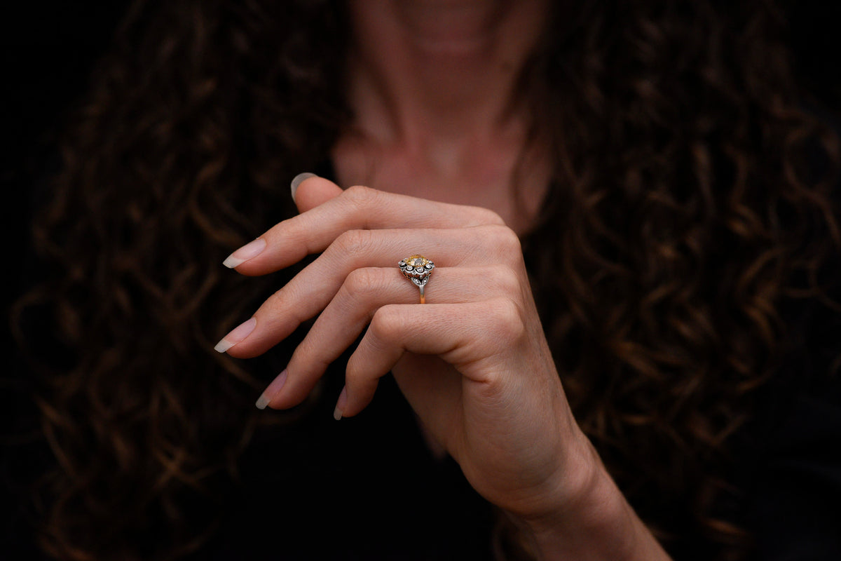 c. Mid-Late 1800s Victorian Right-Hand Ring with a Fancy Deep Yellow Old Mine Cut Diamond Center