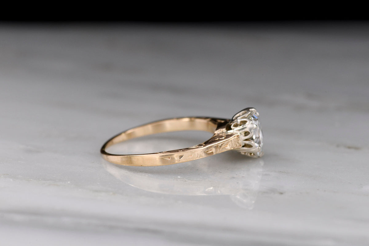 c. 1890s - Early 1900s Two-Tone Transitional Solitaire Engagement Ring with Ornamented Shoulders