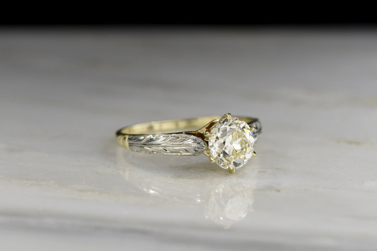 c. Early 1900s Two-Toned Old European Cut Diamond Solitaire Engagement Ring with Engraved Shoulders
