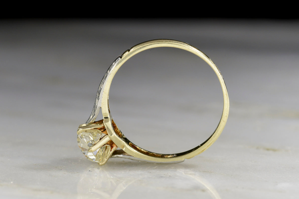 c. Early 1900s Two-Toned Old European Cut Diamond Solitaire Engagement Ring with Engraved Shoulders
