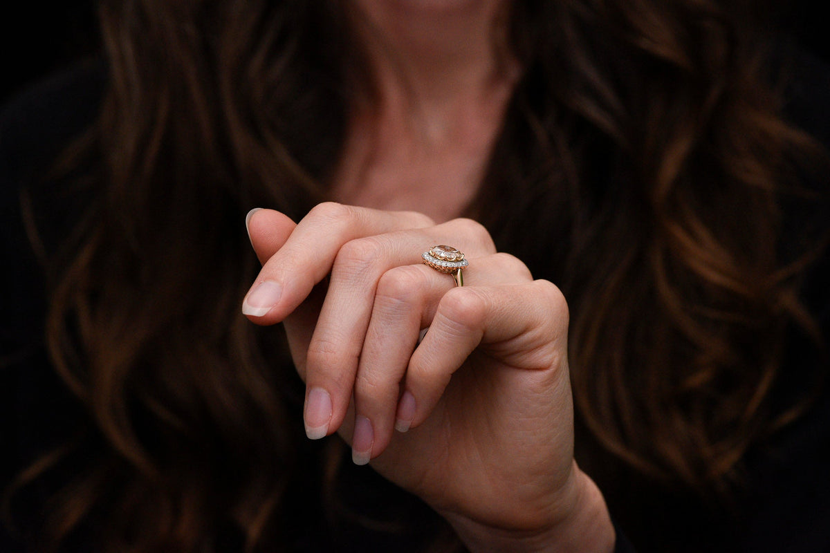 c. 1900 Belle Époque Two-Tone Ring Cluster Ring with a Light Brown Old Mine Cut Diamond Center