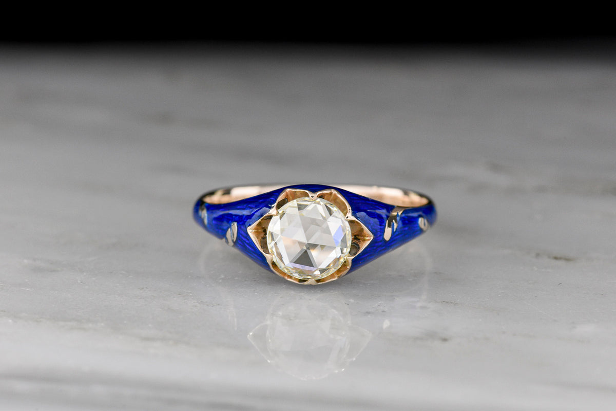 Late-Victorian Gold Floral Belcher Ring with a Rose Cut Diamond and Blue Enamel