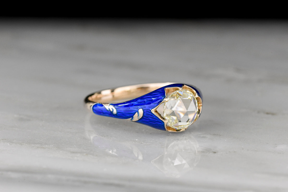 Late-Victorian Gold Floral Belcher Ring with a Rose Cut Diamond and Blue Enamel