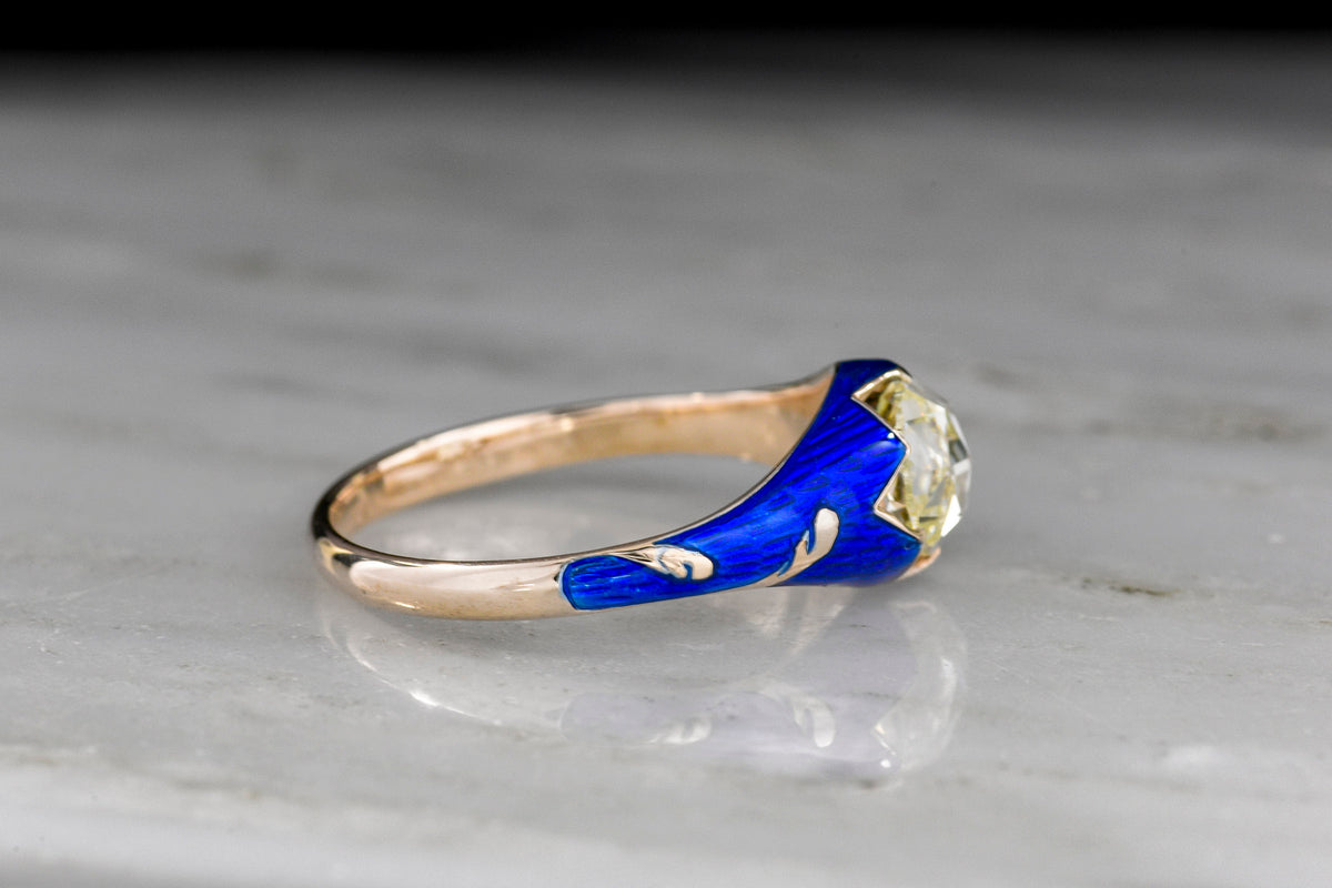 Late-Victorian Gold Floral Belcher Ring with a Rose Cut Diamond and Blue Enamel