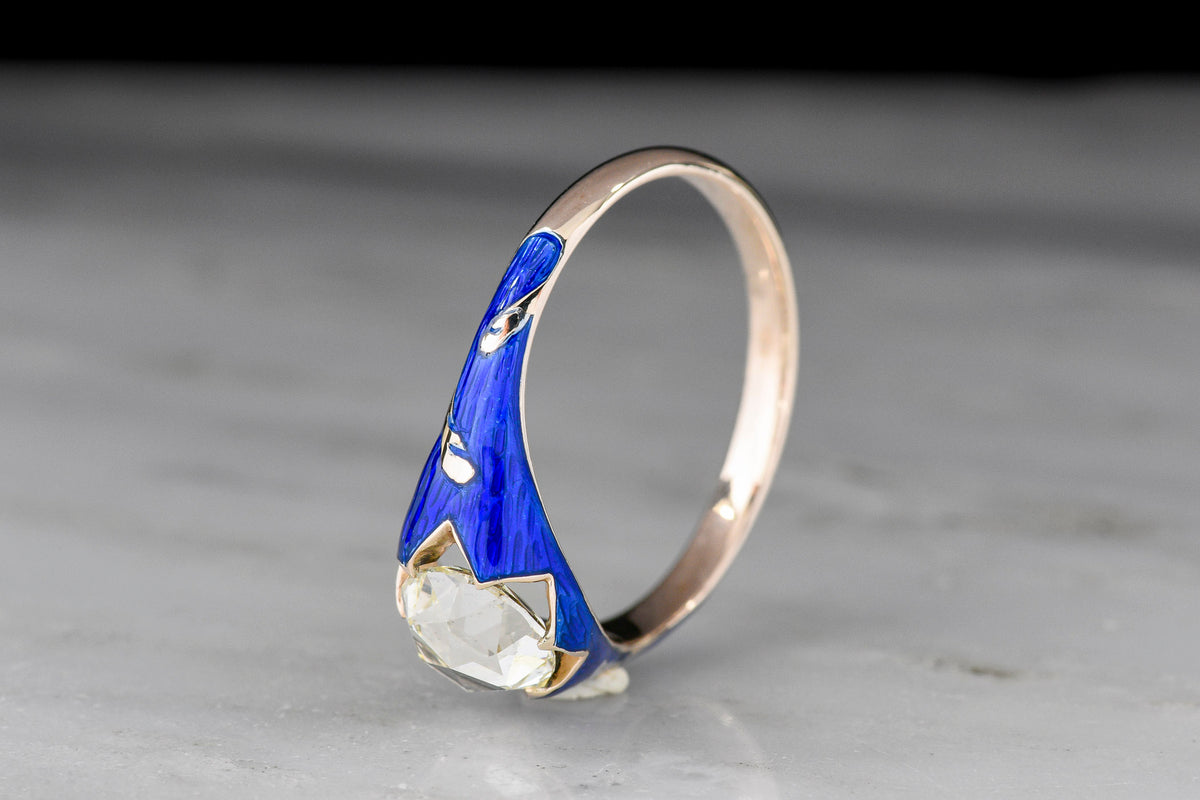 Late-Victorian Gold Floral Belcher Ring with a Rose Cut Diamond and Blue Enamel