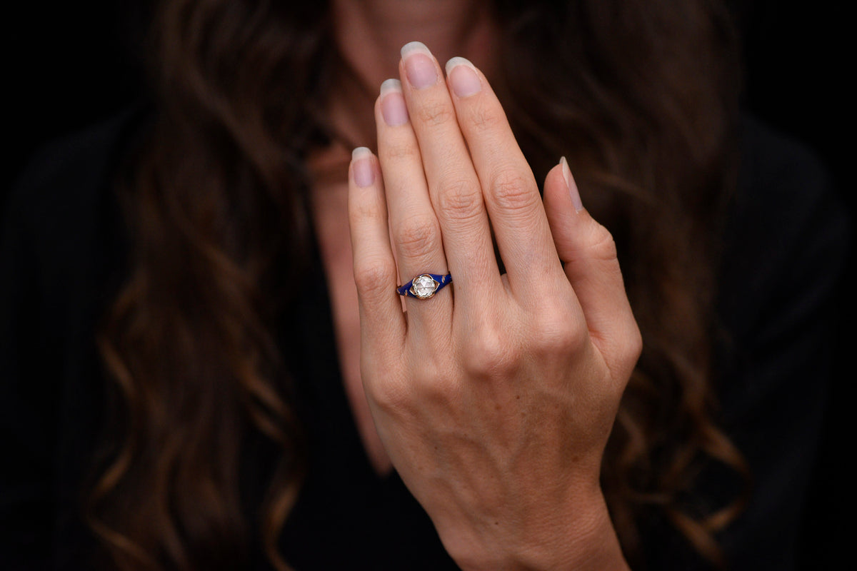 Late-Victorian Gold Floral Belcher Ring with a Rose Cut Diamond and Blue Enamel