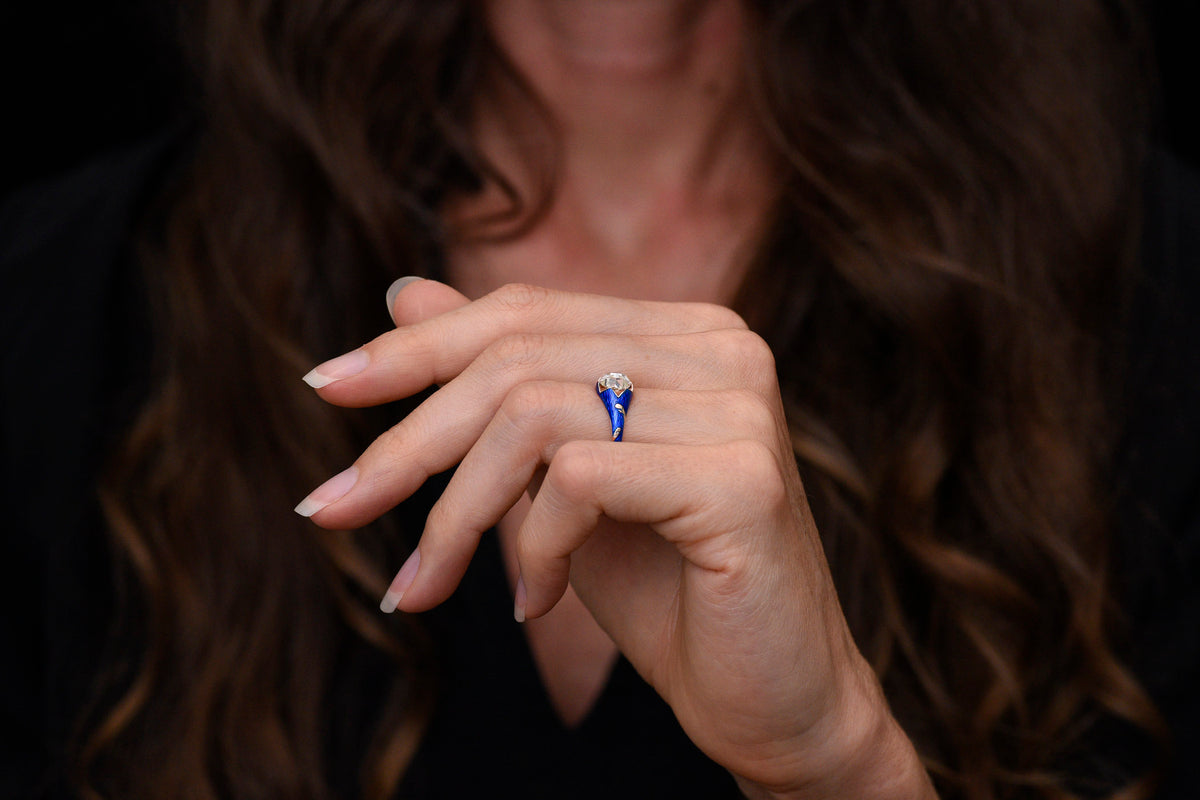 Late-Victorian Gold Floral Belcher Ring with a Rose Cut Diamond and Blue Enamel