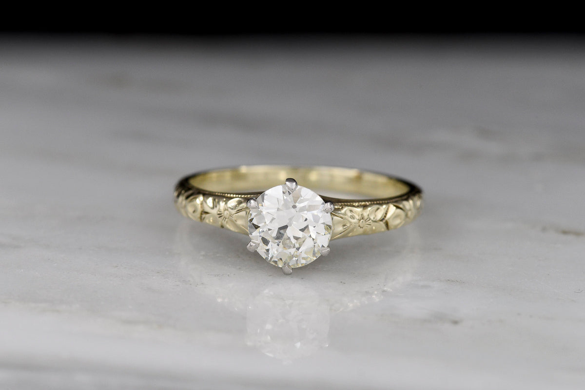 c. 1900 Two-Tone Solitaire Engagement Ring with Foliate and Blossom Details