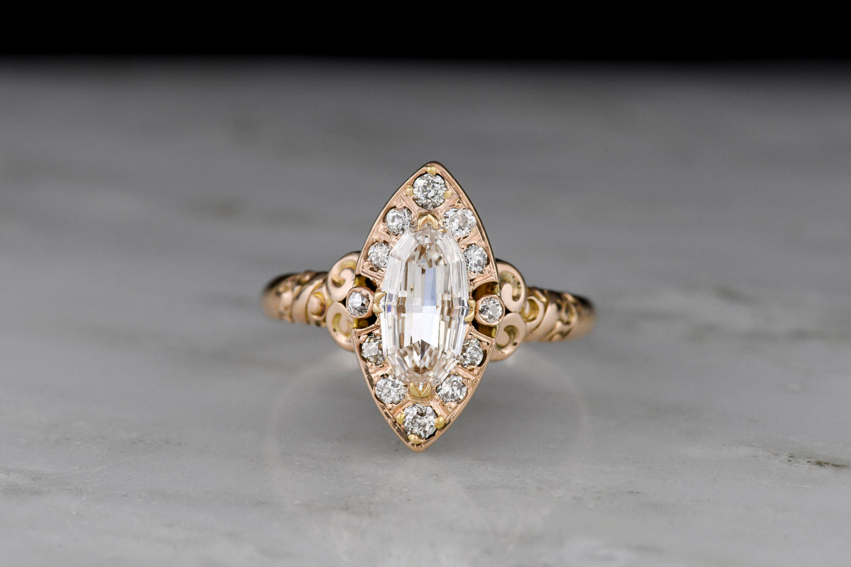 RESERVED!!! Vintage Navette Ring with a Unique Oval Step-Cut Diamond Center