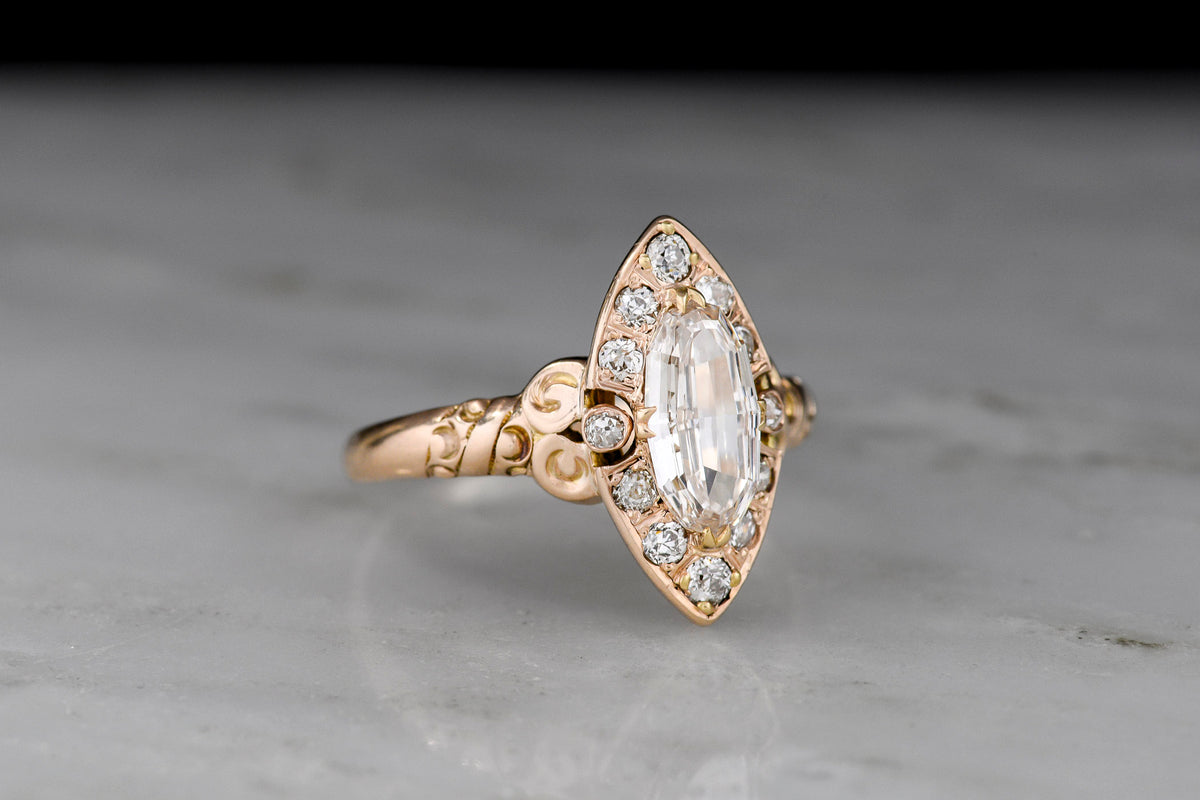 RESERVED!!! Vintage Navette Ring with a Unique Oval Step-Cut Diamond Center