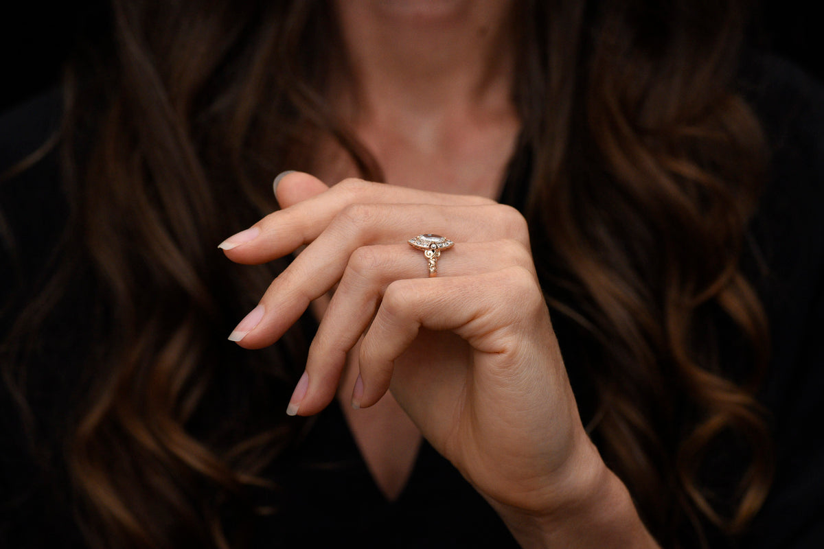 RESERVED!!! Vintage Navette Ring with a Unique Oval Step-Cut Diamond Center