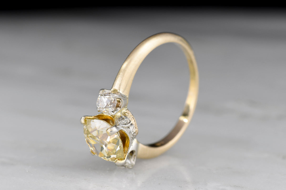 Fancy-Color 1.63 Ct. Old Mine Cut Diamond in an Engraved Two-Tone Three-Stone Mount