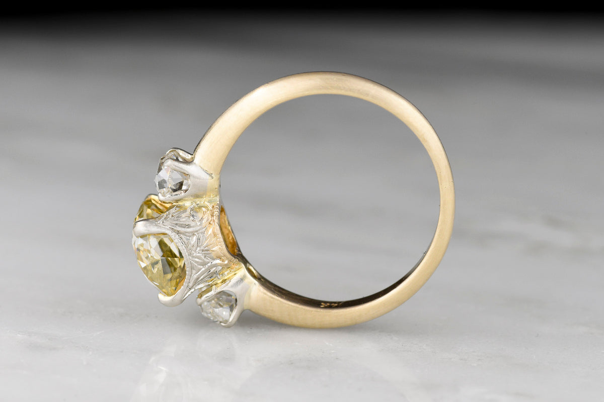 Fancy-Color 1.63 Ct. Old Mine Cut Diamond in an Engraved Two-Tone Three-Stone Mount