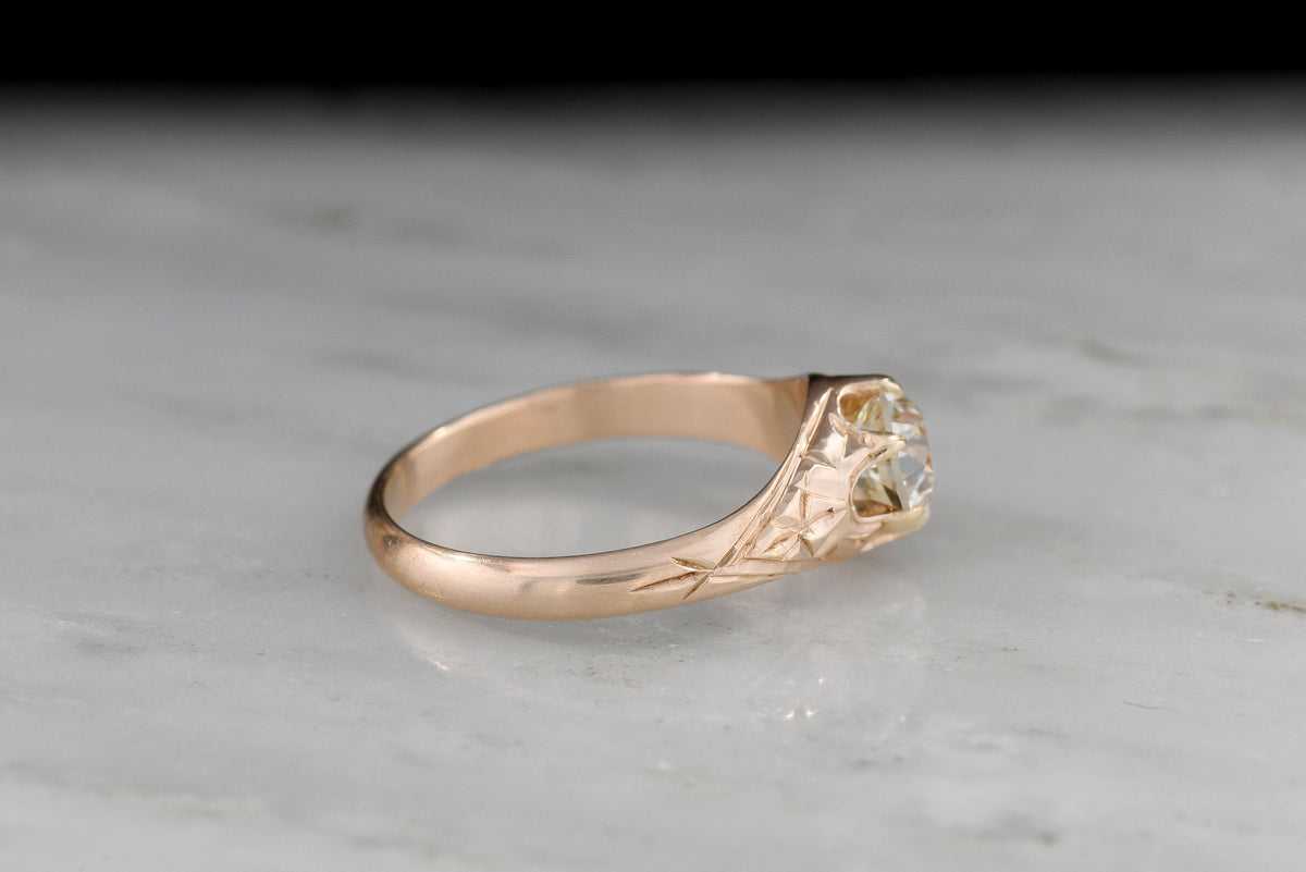 c. 1900 Late-Victorian Engagement Ring with Hand-Carved Shoulders and a GIA Old European Cut Center