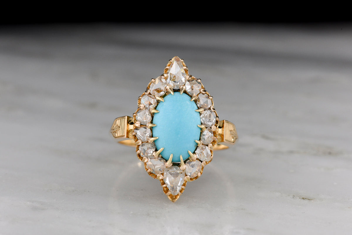 Victorian-Era, French-Stamped Gold, Turquoise, and Rose Cut Diamond Right-Hand Ring